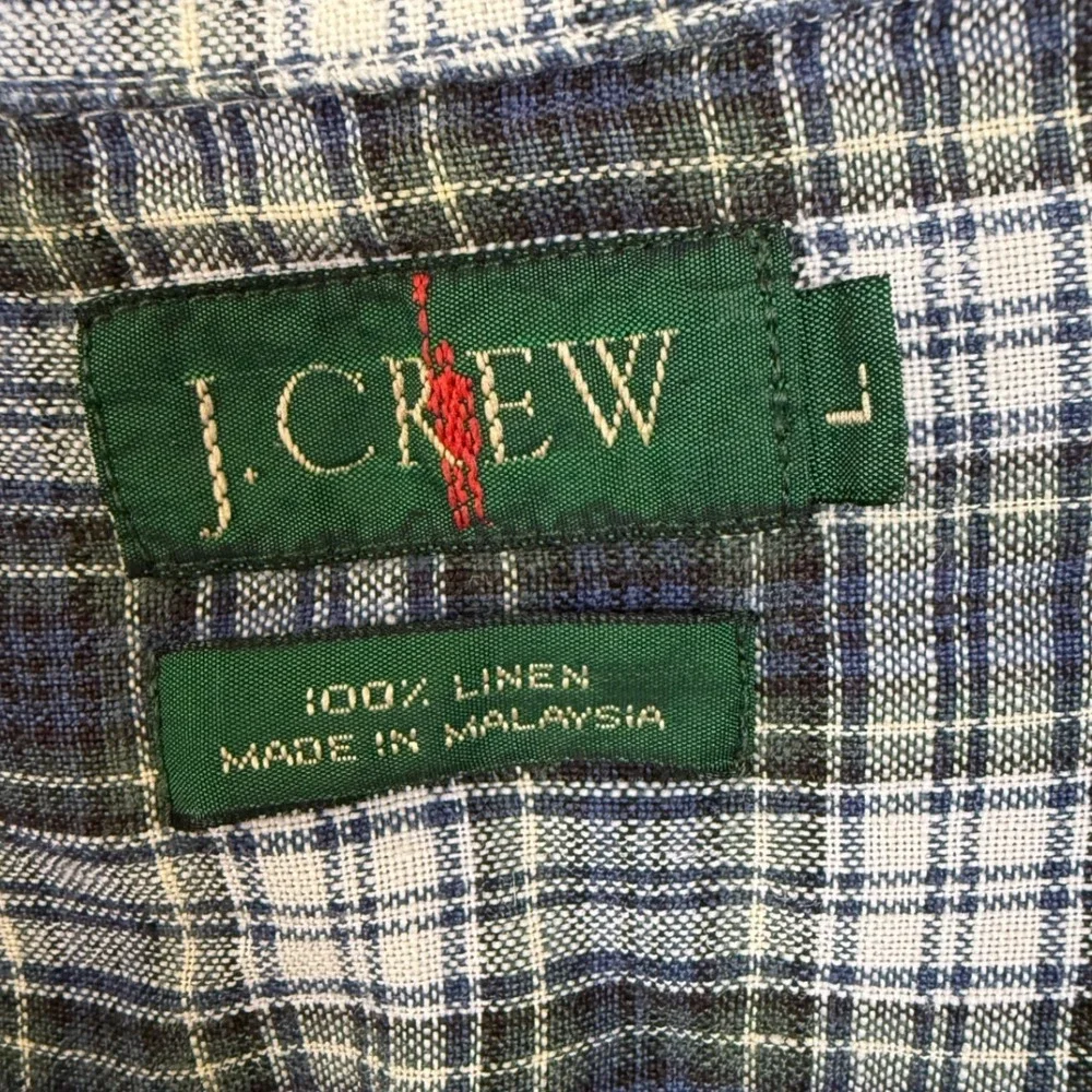 J Crew Mens Large 100% Linen Plaid Button Down Shirt Blue Green